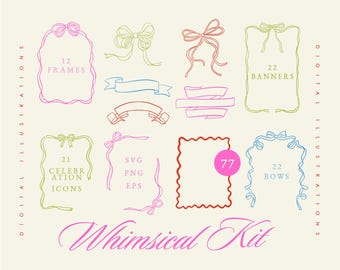 Whimsical Frames Bows Clipart Bundle - Wavy Squiggle Invitation Frame - Hand-Drawn Wedding Clipart - Borders Banners SVG - Celebration Icons