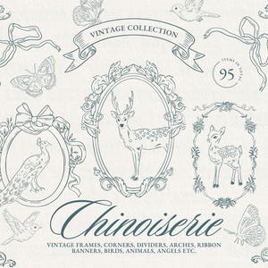 Floral Baroque Line Art Wedding Clipart - Chinoiserie Wedding Crest - Vintage Ornamental Frames - Handdrawn Victorian Wedding Frames SVG
