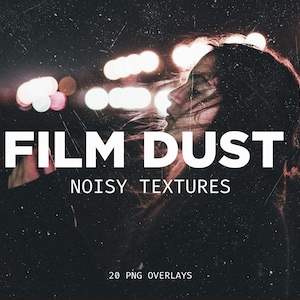 Puede incluir: Imagen oscura y granulada con el texto "FILM DUST" en letras blancas grandes, con "NOISY TEXTURES" debajo. La imagen presenta un fondo borroso de luces y una silueta de una persona.