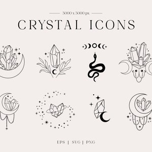 Crystal Celestial Moon Botanical SVG Clipart, Gemstone Clip Art, Lunar Zodiac Witch Crystals