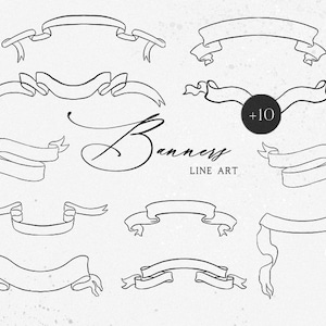 Clip Art de banner, banner vintage de arte de linha, clipart de fita, clipart de vetor de fita EPS, fita desenhada à mão, banner desenhado à mão