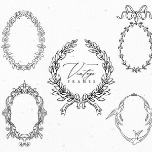 Può includere: Cinque illustrazioni di cornici vintage in bianco e nero. Le cornici sono di forma ovale e presentano diversi design, tra cui motivi floreali, di foglie e di uccelli. Il testo "Vintage Frames" è scritto in corsivo nella parte superiore dell'immagine.