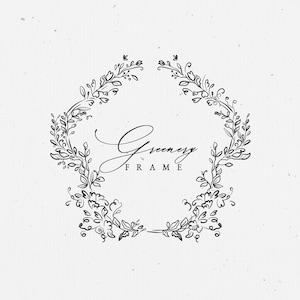 Vintage Floral Frame Meadow Line Art Flower Wedding Wreath Botanical Clip Art