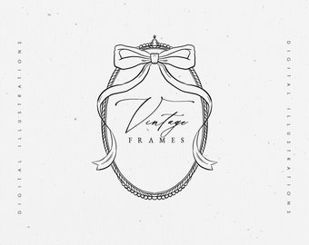 Elegant Floral Line art Bow Frame SVG, Vintage Crest Frame EPS Invite, Floral Clip art, Feminine Wedding Invitation Flower PNG
