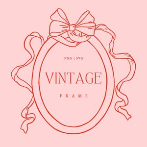 Könnte beinhalten: Ein roter Vintage-Rahmen mit einer Schleife oben und dem Text "PNG | SVG" und "VINTAGE FRAME" im Rahmen.