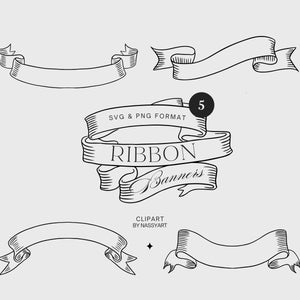 May include: A collection of five black and white ribbon banner designs. The central banner reads "RIBBON Banners" with the text "SVG & PNG FORMAT" above it. The image also includes the text "CLIPART BY NASSYART" and "DIGITAL ILLUSTRATION BY NASSYART".