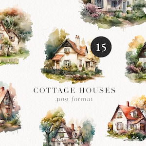 Cottage Country Houses Aquarel Clipart, Cute Farmhouse Clip art, Village Cozy Summer Vintage House PNG