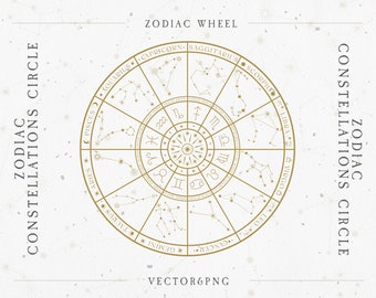 Zodiac Wheel Constellations clipart, Celestial Map, Horoscope Circle, Astral Chart Print, Zodiac Spiritual Symbols