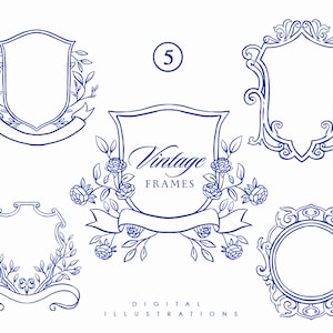 Baroque line art frame wedding clipart - Wedding crest - Victorian Floral frame - Wedding invitation - Botanical line art