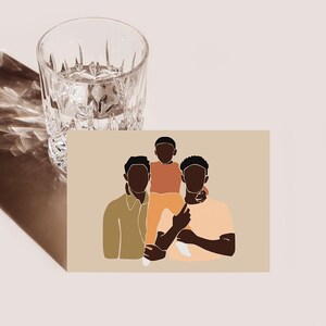 Puede incluir: Una ilustraci&oacute;n digital de tres personas, dos adultos y un ni&ntilde;o, de pie juntos. Los adultos llevan ambos camisas marrones y el ni&ntilde;o lleva una camisa naranja. El fondo es de color marr&oacute;n claro.