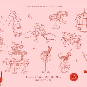 Celebration Icons SVG, Martini Cheers Toast, Cocktail Drink SVG, Disco Ball SVG, Wedding Party, Champagne Tower Clip Art image 3