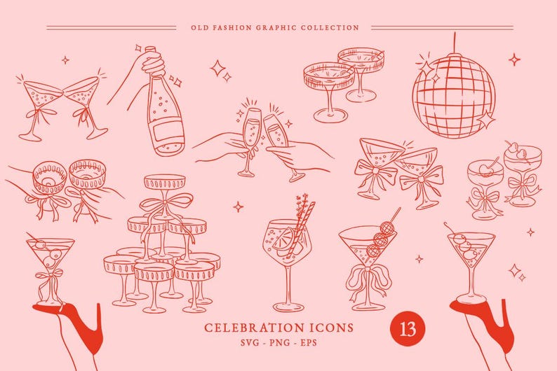 Celebration Icons SVG, Martini Cheers Toast, Cocktail Drink SVG, Disco Ball SVG, Wedding Party, Champagne Tower Clip Art image 3