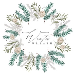 Couronnes d’Aquarelle d’hiver Clipart - Couronne de Noël préfabriquée - Fleurs d’hiver - Couronne Clipart