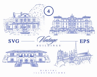 Op de afbeelding: Een set van vier vintage gebouwillustraties in blauwe lijntekeningstijl. De illustraties omvatten een groot huis met een fontein, een groot gebouw met een balkon, een gebouw met een grote boog en een kerk met een hoge toren.