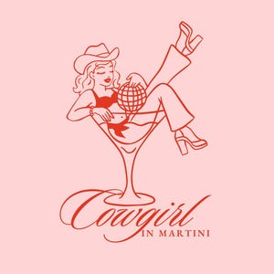 Disco cowgirl vrouw in martiniglas SVG, disco vrijgezellenfeest clipart, cowgirl martini SVG, hand getekende grillige clipart, retro cowgirl laarzen