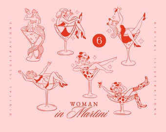 Cowgirl Girl Woman in Martini Glass Illustration SVG PNG, Bachelorette Party Sketch, Hand Drawn Whimsical Clipart, Mermaid Catgirl in Glass