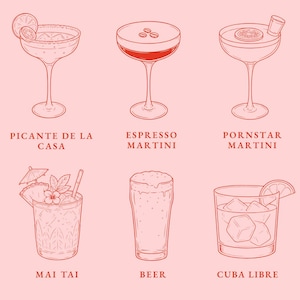 May include: A digital illustration of six cocktails in various glasses, including a margarita, espresso martini, and mai tai. The drinks are depicted in a line drawing style with red outlines on a pink background. Text labels identify each cocktail.