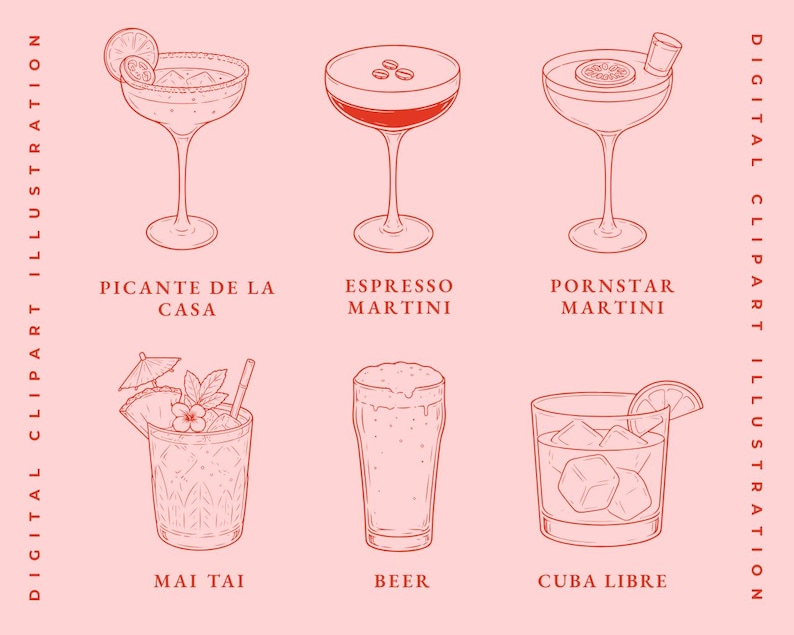 May include: A digital illustration of six cocktails in various glasses, including a margarita, espresso martini, and mai tai. The drinks are depicted in a line drawing style with red outlines on a pink background. Text labels identify each cocktail.