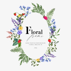 Couronne de fleurs sauvages de cadre, cadre aquarelle botanique de verdure, cadre rustique mariage Invitation Clipart, fleurs pressées PNG