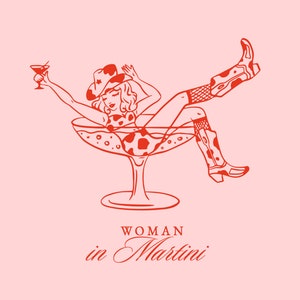 Cowgirl Frau in Martini Glas Illustration SVG PNG, Bachelorette Party Symbol Skizze Umriss, Hand gezeichnete wunderliche Clipart