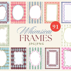 May include: Nine whimsical frames in assorted shapes and patterns, including oval and rectangular designs. The frames feature pastel colours like pink, blue, and green, with decorative elements such as bows and diamond patterns. The text "Whimsical FRAMES" is displayed.
