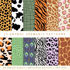 May include: 24 digital seamless animal print patterns in a variety of colours and styles, including leopard, zebra, tiger, giraffe, crocodile, peacock, and cow. These patterns are perfect for creating unique and stylish designs for your projects.