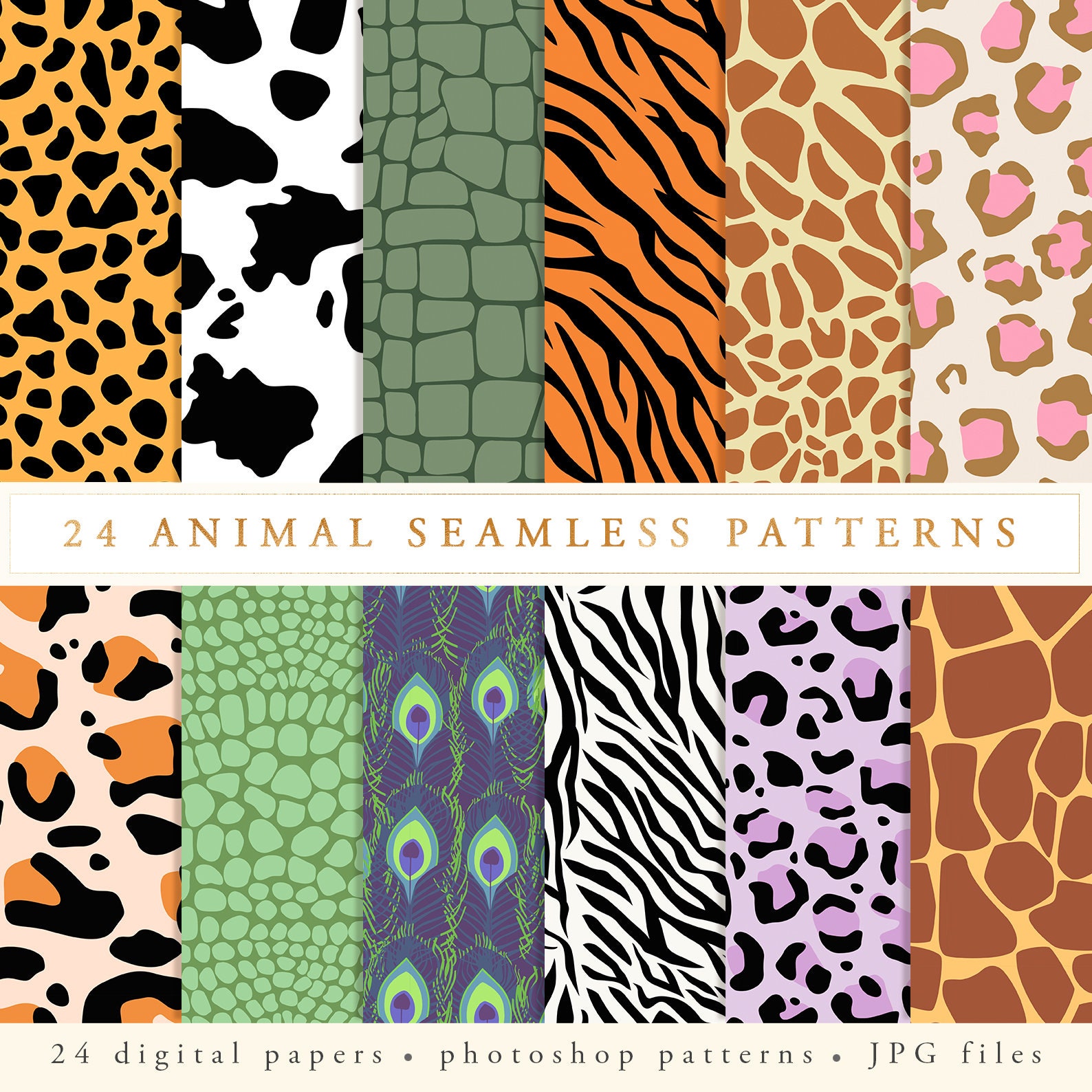 Animal Skin Pattern Cheetah, Leopard, Tiger, Zebra, Snake, Cow, Peacock Print, Giraffe Safari Photoshop Seamless Paper Patterns