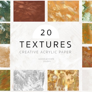 May include: 20 abstract acrylic paper textures in green, brown, gold, and white. The textures are 6000x4000 pixels and 300 DPI.