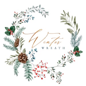 Clipart de guirlandas em aquarela de inverno - Guirlanda de Natal pré-fabricada - Flores de inverno - Clipart de guirlanda