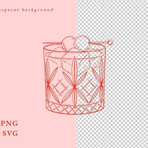 May include: A red line drawing of a cocktail in a patterned glass with ice and two cherries on a skewer. The words "transparent background", "PNG", and "SVG" are in the image.