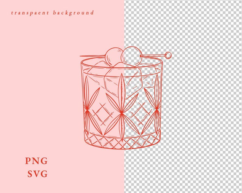 May include: A red line drawing of a cocktail in a patterned glass with ice and two cherries on a skewer. The words "transparent background", "PNG", and "SVG" are in the image.