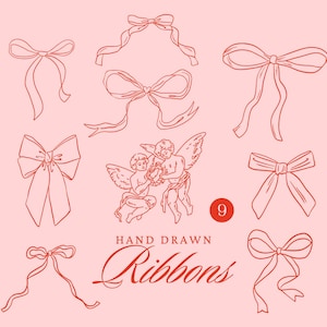 9 fitas arcos esboço desenhado à mão, arco caprichoso, clipart de fita, ícone de contorno de arte de clipe de fita caprichosa