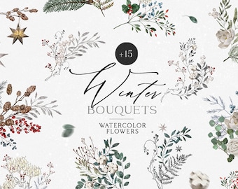 May include: A set of 15 watercolor winter bouquets featuring various floral arrangements with berries, leaves, and branches. The bouquets are in shades of green, white, red, and blue. The text "Winter Bouquets Watercolor Flowers" is displayed in the center of the image.