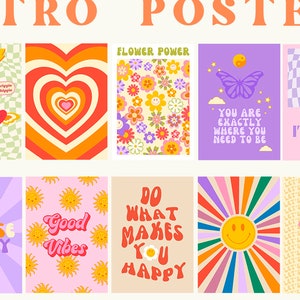 Puede incluir: Un conjunto de nueve p&oacute;sters de estilo retro con dise&ntilde;os coloridos y mensajes motivacionales. Los p&oacute;sters presentan arco&iacute;ris, corazones, flores, mariposas, soles y el texto "Flower Power", "Choose Happy", "Good Vibes", "Do What Makes You Happy", "You Are Exactly Where You Need To Be", "Oh, It's 90's, Baby", y "Let's Watch The Sunset".