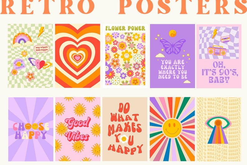 Puede incluir: Un conjunto de nueve p&oacute;sters de estilo retro con dise&ntilde;os coloridos y mensajes motivacionales. Los p&oacute;sters presentan arco&iacute;ris, corazones, flores, mariposas, soles y el texto "Flower Power", "Choose Happy", "Good Vibes", "Do What Makes You Happy", "You Are Exactly Where You Need To Be", "Oh, It's 90's, Baby", y "Let's Watch The Sunset".