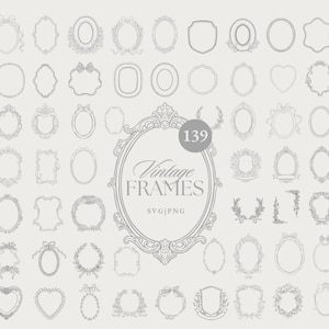 May include: A digital illustration featuring 139 vintage frame designs in various shapes and styles. The frames are in a light gray color, with intricate details and decorative elements. The image includes oval, heart, and rectangular frames.
