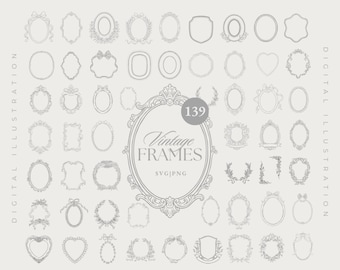 Vintage Antique Frames Set - Victorian Frame SVG Clipart - Ornate Botanical Floral Line Art Border - Wedding Crest SVG - Hand Drawn Monogram