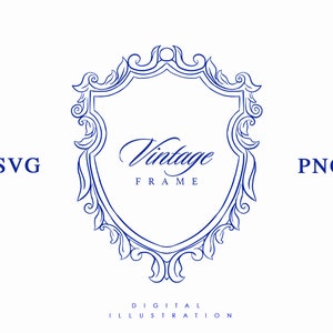 Vintage Crest Frame EPS SVG, Vintage floral frames, Fine line frame clipart, Wedding frames, Hand drawn frame
