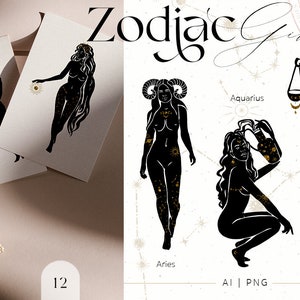 May include: A set of 12 black and gold zodiac illustrations. Each illustration features a woman representing a different zodiac sign. The signs are Aries, Taurus, Gemini, Cancer, Leo, Virgo, Libra, Scorpio, Sagittarius, Capricorn, Aquarius, and Pisces. The illustrations are in a minimalist style and are perfect for use in digital or print projects.