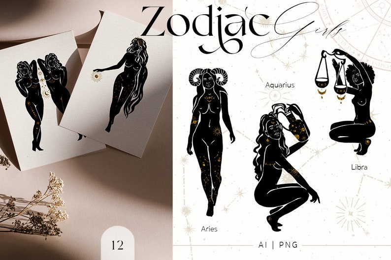 May include: A set of 12 black and gold zodiac illustrations. Each illustration features a woman representing a different zodiac sign. The signs are Aries, Taurus, Gemini, Cancer, Leo, Virgo, Libra, Scorpio, Sagittarius, Capricorn, Aquarius, and Pisces. The illustrations are in a minimalist style and are perfect for use in digital or print projects.