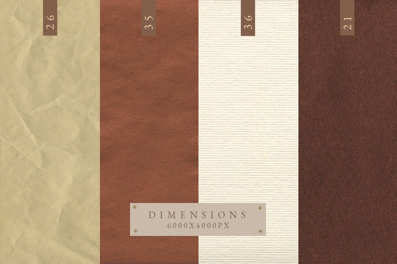May include: Four different textured paper samples, each with a number label. The samples are arranged vertically, with the numbers 226, 335, 336, and 21 visible. The text "DIMENSIONS 6000X4000PX" is printed on a light brown rectangle in the center of the image.
