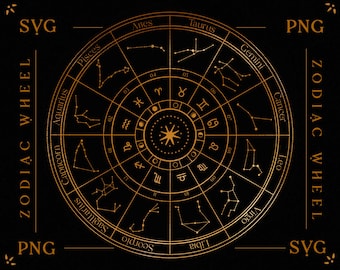 Zodiac Wheel SVG Astronomie Sterrenbeelden clipart, Zodiac Sign SVG Symbolen, Hemelse Kaart, Horoscoop Cirkel