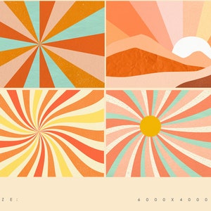 May include: A digital collage of four retro-style sunburst designs in shades of orange, yellow, pink, and blue. The designs are arranged in a grid pattern.  SIZE: 6000 x 4000 px