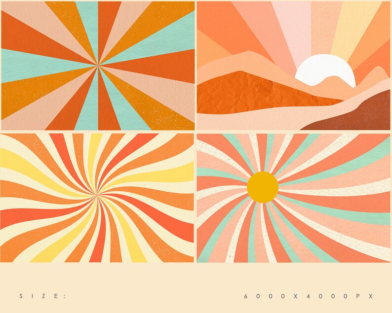 May include: A digital collage of four retro-style sunburst designs in shades of orange, yellow, pink, and blue. The designs are arranged in a grid pattern.  SIZE: 6000 x 4000 px