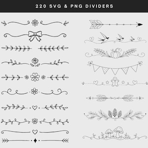 Può includere: Una collezione di 220 divisori in linea nera e bianca in formato SVG e PNG. La grafica presenta vari elementi decorativi tra cui fiori, fiocchi, frecce, uccelli, zucche, festoni, omini di pan di zenzero, pigne e funghi.