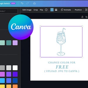 May include: A digital interface with the Canva logo in a purple and blue gradient circle. A white rectangle contains a line drawing of a cocktail in a glass. Text reads "CHANGE COLOR FOR FREE (UPLOAD .SVG TO CANVA)".