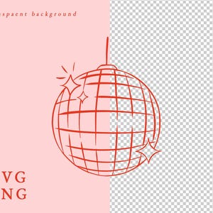 May include: A red line drawing of a disco ball with three starbursts. The words "transparent background" are at the top, and "SVG PNG" are at the bottom. The background is pink on the left and transparent on the right.