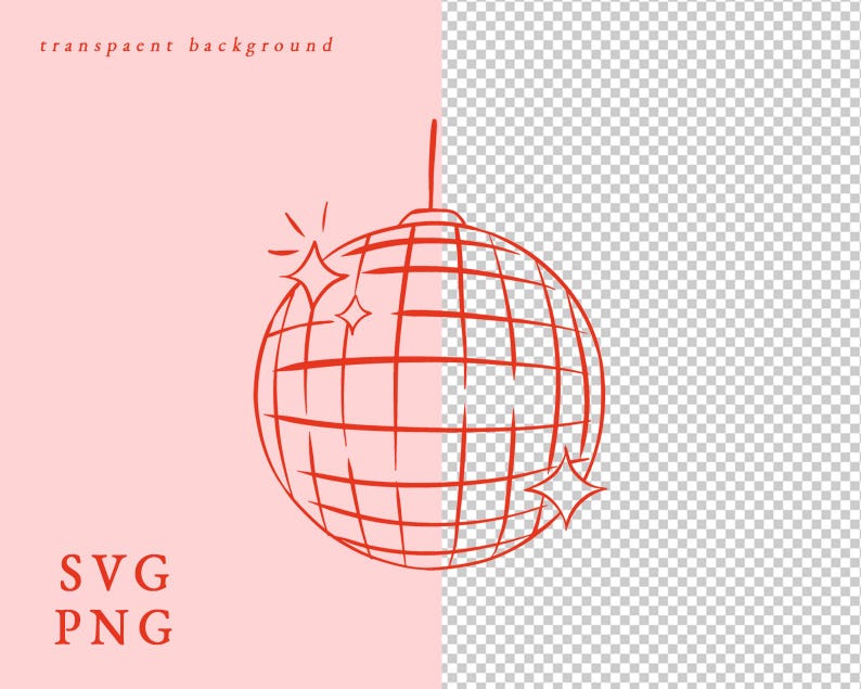 May include: A red line drawing of a disco ball with three starbursts. The words "transparent background" are at the top, and "SVG PNG" are at the bottom. The background is pink on the left and transparent on the right.