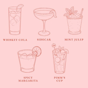 May include: Line art illustration of five cocktails: Whiskey Cola, Sidecar, Mint Julep, Spicy Margarita, and Pimm's Cup. Each drink is in a different glass, with garnishes like mint, citrus slices, and a sugar rim. The text "DIGITAL CLIPART ILLUSTRATION" is on the sides.