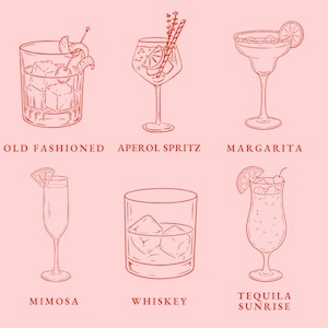May include: Digital illustration of six cocktails: Old Fashioned, Aperol Spritz, Margarita, Mimosa, Whiskey, and Tequila Sunrise. Each drink is depicted in a line drawing style with garnishes and ice. The text "DIGITAL CLIPART ILLUSTRATION" is on the left and right sides.